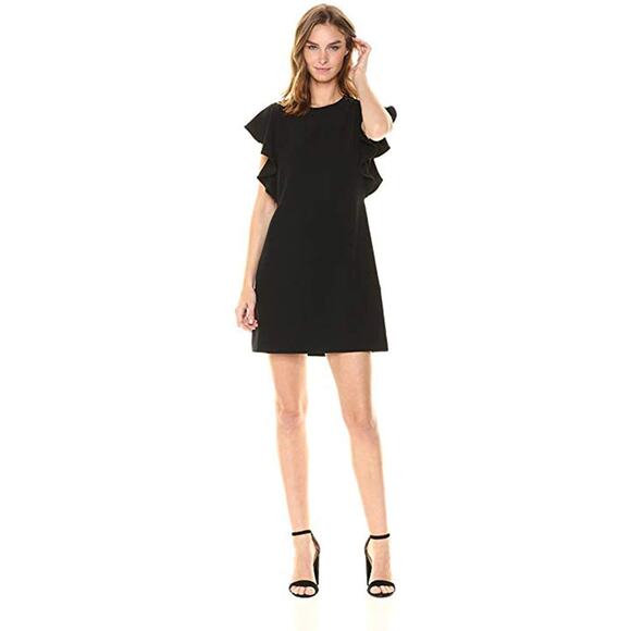 Laundry by Shelli Segal 8 Black Lace Shoulder Dress Crepe Shift Ruffle Sleeves - Picture 8 of 8